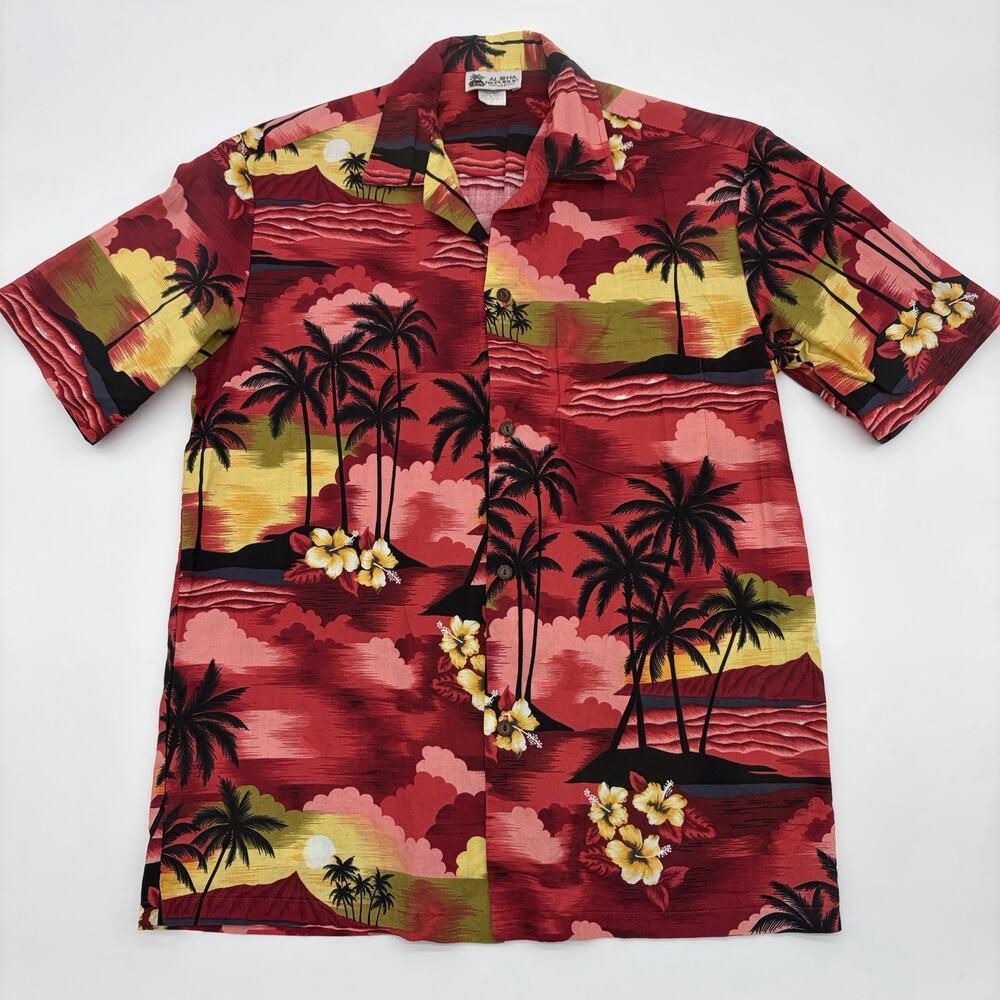 Vintage Aloha Republic Red Hawaiian Print Palm Trees Hibiscus Mens Medium